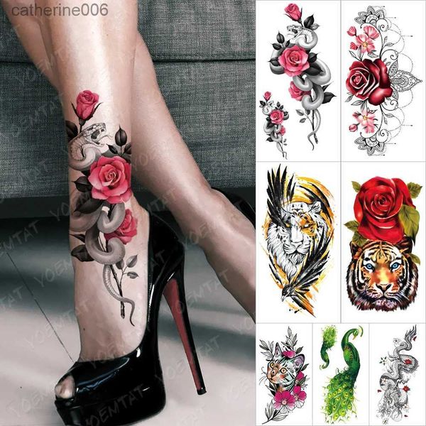 Tatuaggi Adesivi colorati disegno Adesivo tatuaggio temporaneo impermeabile Rosa serpente fiore tatuaggi pizzo tigre drago body art braccio manica finta Tatoo donneL231128