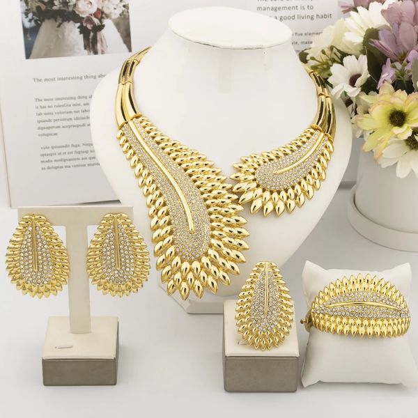 Wedding Jewelry Sets Italy Fashion Gold Color Jewelry Set For Women Angel Feather Necklace Bracelet Earrings Ring Set Beautiful Wedding Party Gift 231127