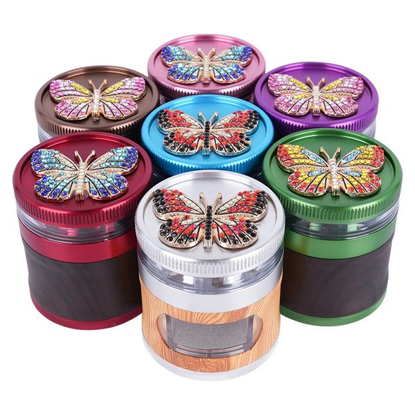 Rauchen Bunte Schmetterling Aluminiumlegierung 63 MM Tragbare Schublade Kraut Tabak Grind Spice Miller Grinder Crusher Grinding Gehackte Hand Muller Zigarettenspitze DHL