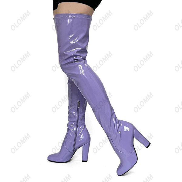 Olomm Women Winter Over the Knee Boots Square High Heels Boots Nice Round Toe Lindas sapatos roxos Mulheres Tamanho 5-20