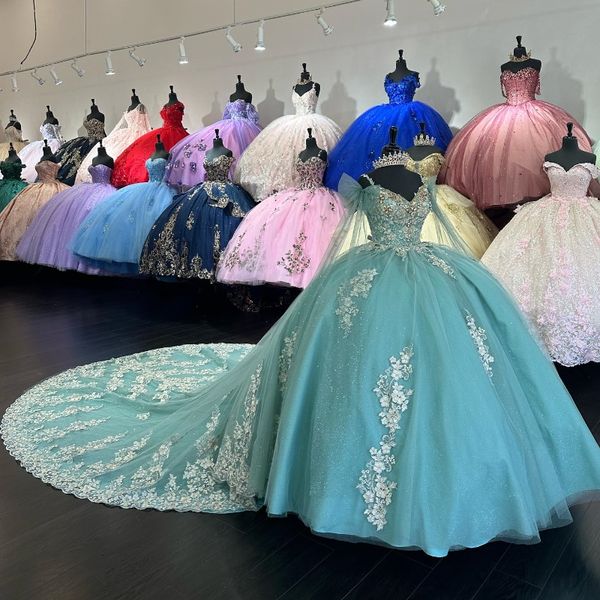 Aquablaues, glänzendes Quinceanera-Kleid, Ballkleid, Schnürung, Abschlussfeier, Schatz, Quinceanera de 15 Jahre, Applikation, Spitze, Perlen, süßes 16-Kleid