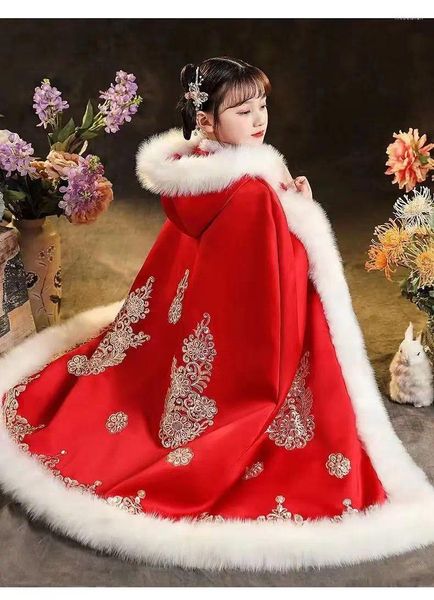 Casaco vermelho grosso hanfu, capa à prova de vento para outono e inverno, estilo chinês, bordado floral para meninas de 3 a 12 anos