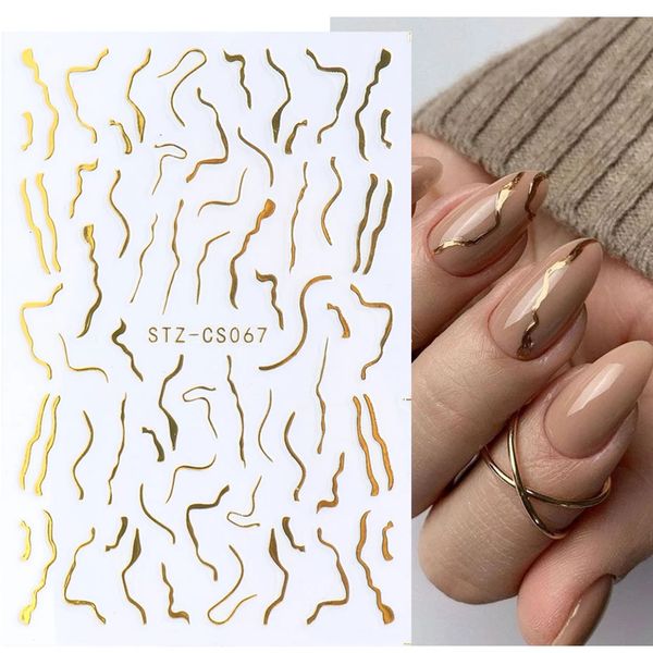 Adesivos Decalques 3D Golden Stripe Lines Nail Sticker Decalques Swirl Wave Graphic French Tips Nail Art Decorações Folhas adesivas Sliders Manicure 231128