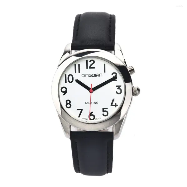 Armbanduhren QINGQIAN Russisch sprechende Uhr Silbergehäuse Edelstahlarmband/schwarzes Lederarmband/Silikonarmband