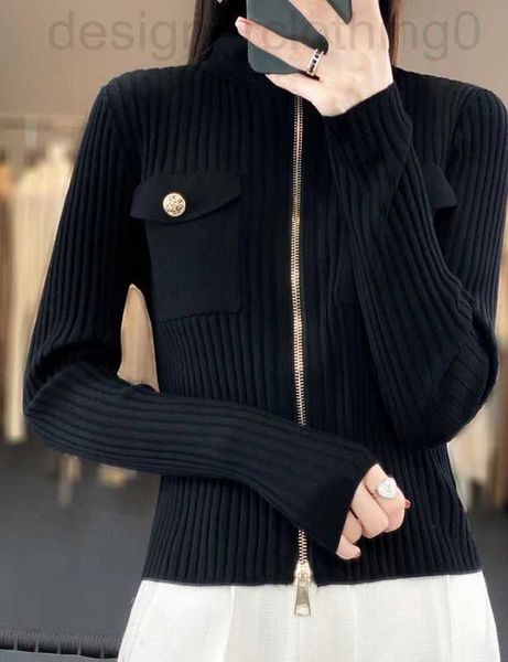 Suéteres femininos Designer de luxo Ba temperamento roupas femininas 2023 nova moda outono francesa alta costura polo colarinho de malha com zíper cardigan exterior vy8y