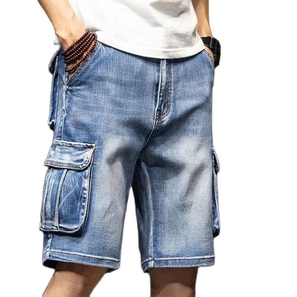 Shorts masculinos shorts de jeans masculinos cargo de vários bolsos de jeans de cinco pontos gordos shorts jeans de tamanho grande mais tamanho 40 42 44 230428