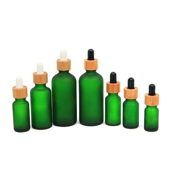 Flacone contagocce in vetro gelido 10 ml 15 ml 20 ml 30 ml 50 ml con coperchio in bambù Bottiglie di olio essenziale Verde smerigliato Jhwhr