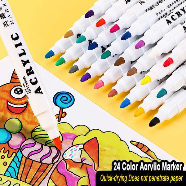 12pcsWatercolor Brush Pens 24 Farbe Acrylmarker Kinder Malerei Tinte auf Wasserbasis Baumwollkernstift Wasserdichte Zeichnung Graffiti DIY Creation Art Supplies P230427