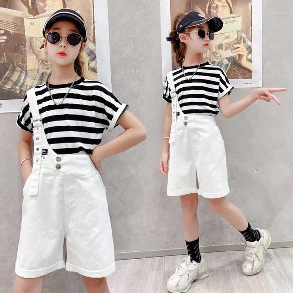 Kleidung Sets Mädchen Overalls Anzug Sommer 2023 Kinder Gestreiften Kurzarm T-shirt Kurze Hosen 2 Stück Set Kleidung Outfits für 8 10 jahre