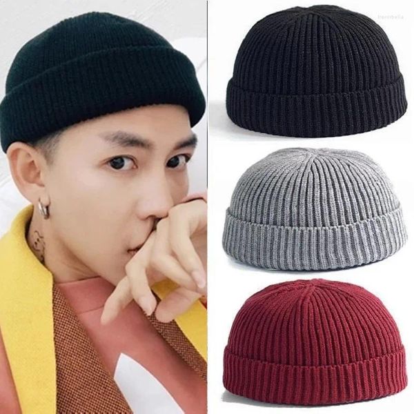 Berets Fisherman Beanie Chapéus para Homens Mulheres Malha Traineira Crânio Cap Relógio Bonnets Primavera Outono Curto Elegante Simples Rolado Cuff Skullcaps