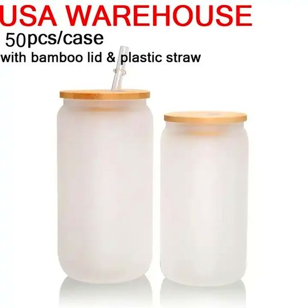 USA/CA Warehouse 16oz Sublimação Canecas de vidro em branco Branco de bambu de bambu Cerveja fosca pode borossilicar xícaras de pedreiro com palha de plástico 0428 4.23