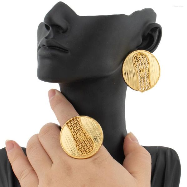 Halskette Ohrringe Set mit Ring Schmuck für Frauen Afrikanische Goldfarbe Haken Finger Braut Alltagskleidung Nigeria Accessoire