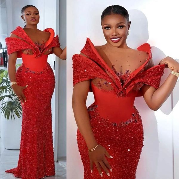 2023 Aso Ebi Vestidos de Baile Espumante Renda Vermelha Sereia Vestidos de Noite Frisado Festa de Aniversário Segunda Recepção Vestido Africano Noivado Pageant Mulheres Negras Vestidos ST444