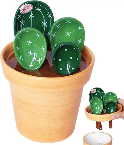 Herramientas de medición de cucharas de cactus de cerámica 4 cuchara de cocina linda y 1 taza de cocina en la olla de marihuana para medidas húmedas secas