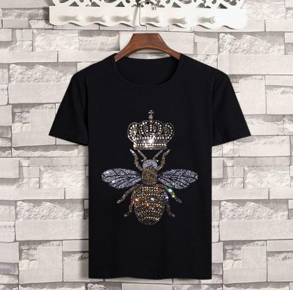 Camisetas masculinas 2023 Summer Men Black Camiseta Hip Hop Man Crown Bee Skull Diamond Fashion Rhinestone