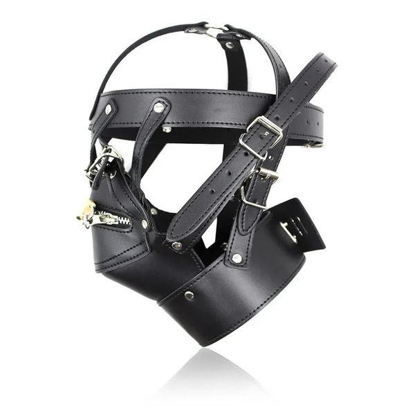 Cockrings PU Couro Cabeça Capuz Harness Boca Zipper Máscara Cadeado Sex Toys BDSM Bondage Headgear Slave Restraint Adulto Jogo 231128