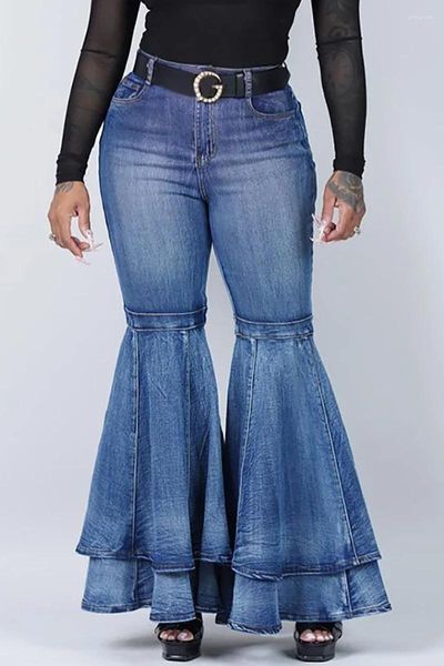 Jeans femininos mulheres tie dye alta wasit flare pant plus size azul denim com bolso plissado perna larga moda calças femininas calças