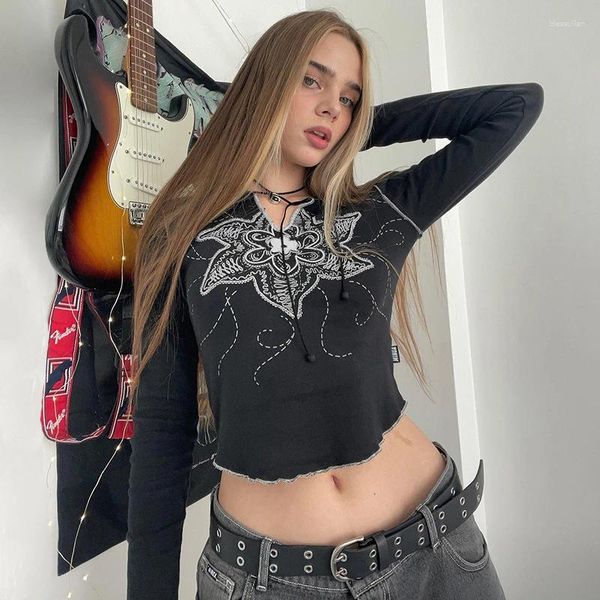 Женские футболки Xingqing Grunge Crop Top Y2k Одежда Винтаж Эстетическая женская одежда с цветочным принтом и V-образным вырезом с длинным рукавом Одежда 2000-х годов Уличная одежда