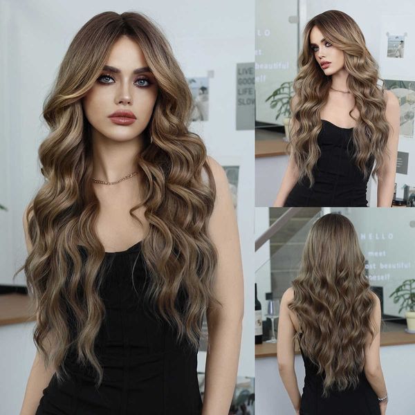 Perucas sintéticas bronze peruca de ouro para moda feminina longo cabelo encaracolado oito linha franja grande wav fibra química cabeça conjunto peruca ondulada