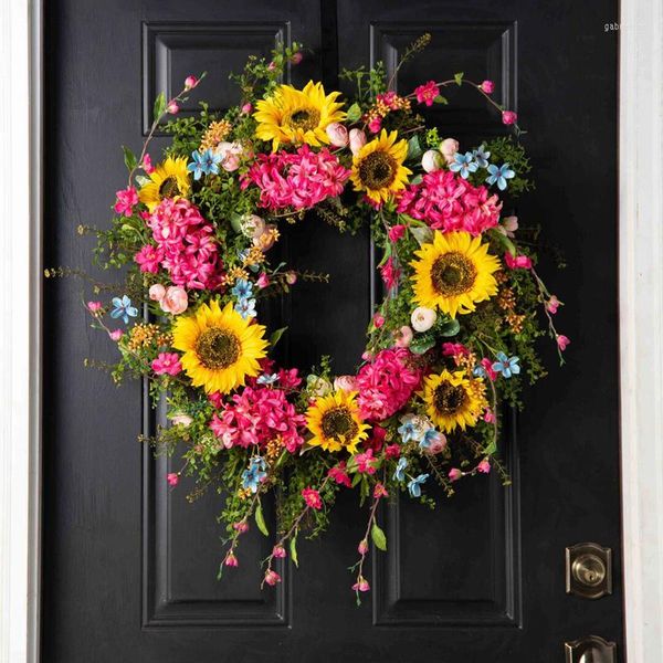 Fiori decorativi finto girasole ghirlanda di fiori di sole per la porta d'ingresso rosso e giallo con foglie verdi decorazioni per la casa da parete primaverili