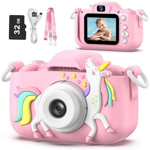 Детская камера-игрушка для мальчиков 3-8 лет, детская цифровая видеокамера с мультяшным мягким силиконовым чехлом, лучший подарок на Рождество и день рождения для детей - 32G SD