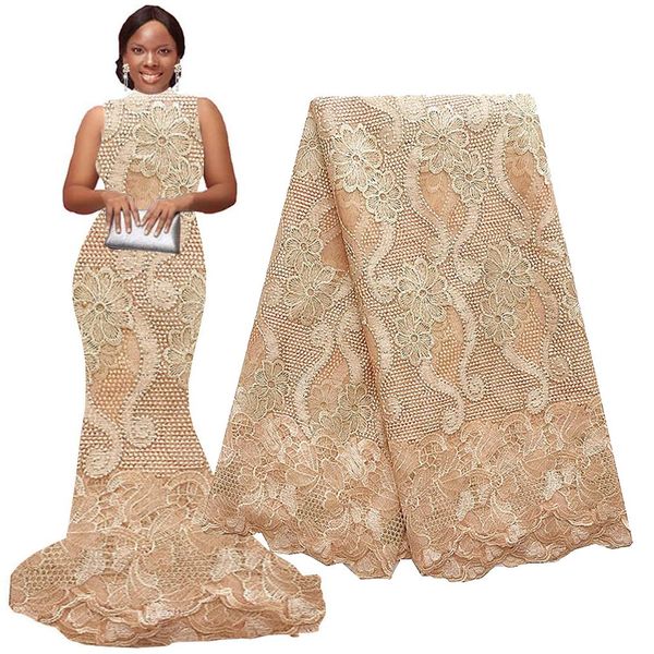 Vestidos tecido de renda africano 5 jardas 2022 ouro verde nigeriano tecido de renda bordado tecido de renda frisada para vestidos de casamento