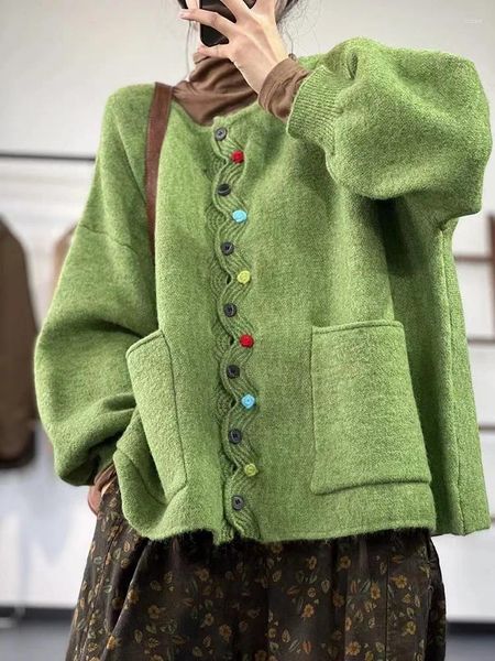 Женские свитера вязать Sueter Mujer Модные топы 2023 Крупногабаритные куртки-кардиганы Сплошной цвет Винтажные свитера с карманами Pull Femme Женская одежда