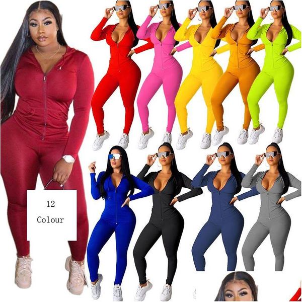 Yoga Outfit Mulheres Casual Cor Sólida Dois Peça Set Tracksuit Festival Roupas Outono Inverno Topaddpant Sweat Suits Neon 2 Outfits Mat Dh0Um