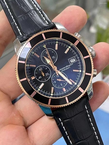 Relógios de pulso Mens Superocean Quartz Chronograph Watch Black Blue Leather Rose Gold Gold Ceramic