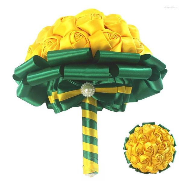 Flores de casamento wifelai-um buquê de rosas de cetim decoração de noiva buquê criativo diy amarelo verde à venda