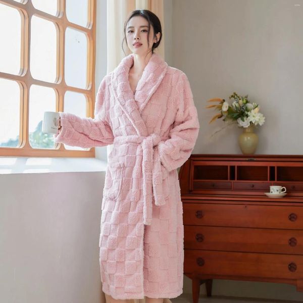 Kadınların Pijama Sonbahar Kış Uzun Kollu Loungewear Sıcak Kalın Damalı Jakar Jacquard Polar Uzun Pansuman Seti HARDIGAN BANGROBE