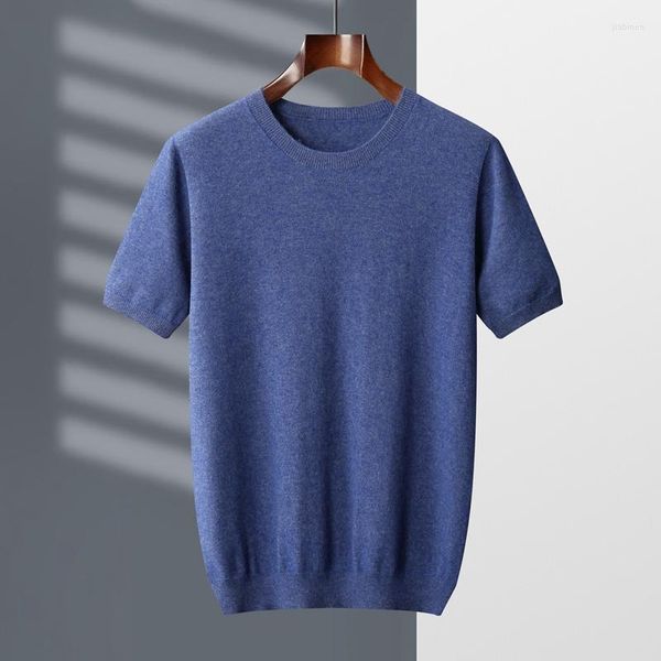 Erkek Tişörtleri 2023 Bahar Erkekler Yuvarlak Boyun Kısa Kol Kaşmir T-Shirt Örme Külot Düz Renkli Kazak Üstü