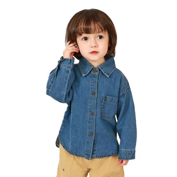 Criança menino jeans camisas cor azul designer bebê meninos roupas de moda roupas 90-160 cm meninas jeans camisa2024