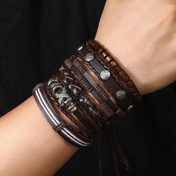 Charm Armbänder Vintage 6 teile/satz Niet Rock Leder Armband Für Männer Geflochtene Wrap Armband Seil Herren Perlen Schmuck