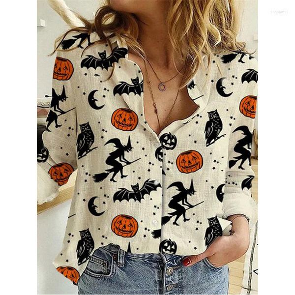 Blusas femininas Blusa Halloween Mulheres de abóbora Pump Bat Turn Down Collar Camisa solta Top Autumn Gothic Manga longa Camisas Mujer