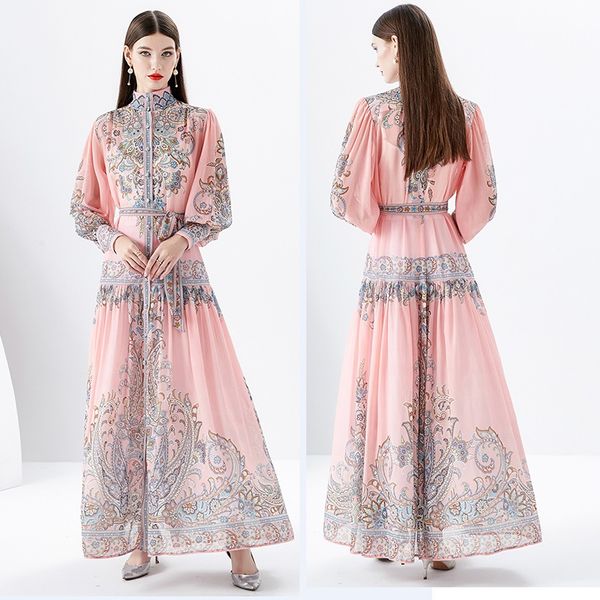 Mulher rosa paisley floral maxi vestido robe manga longa gola elegante rendas até arco férias vestidos ajustados 2023 primavera outono casual festa pista designer vestidos