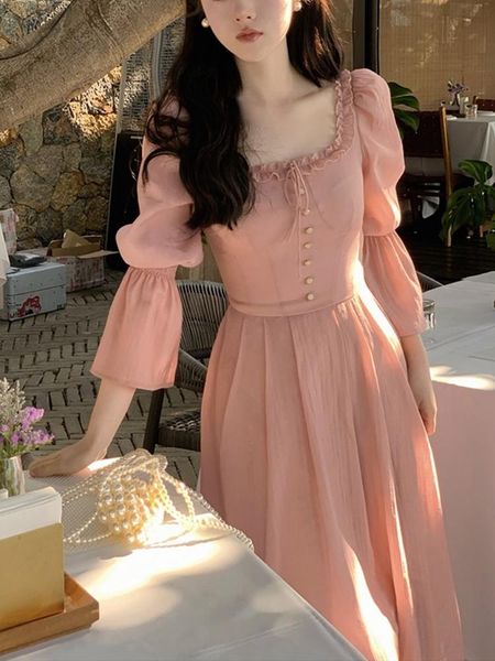 Платье розовое милое платье миди для офиса, лето 2023, французское элегантное вечернее платье, женское однотонное цельное платье, корейская мода