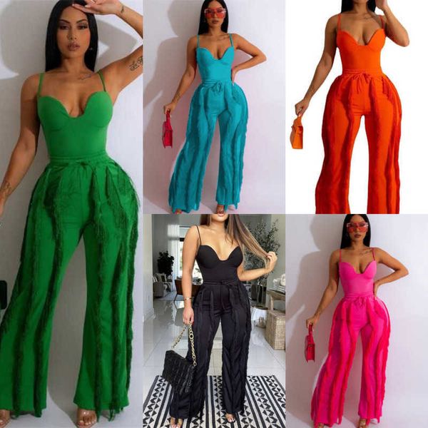Neue Ankunft Designer Frauen Trainingsanzug Hosen Sexy Tow Piece Set 2023 Neue Damen Einfarbig Sling Sleeveless Top Quaste Hosenanzug