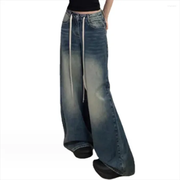 Pantaloni larghi da pavimento larghi con cintura autunnale a gamba larga a vita alta vintage jeans da donna