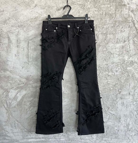 Новые мужские джинсы039s Flare Leg Jeans в дизайнерском стиле, двухслойные рваные брюки9542083