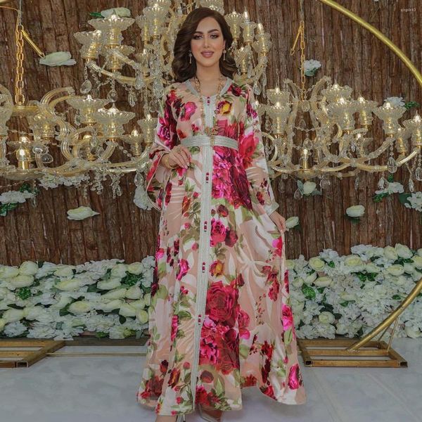 Muslin de roupas étnicas Kaftan Middle Oriente Dubai Vestido de Estamão Rosa ABAYA VI Women Jalabiya Ramadan 2023 Long Marroquino Caftan