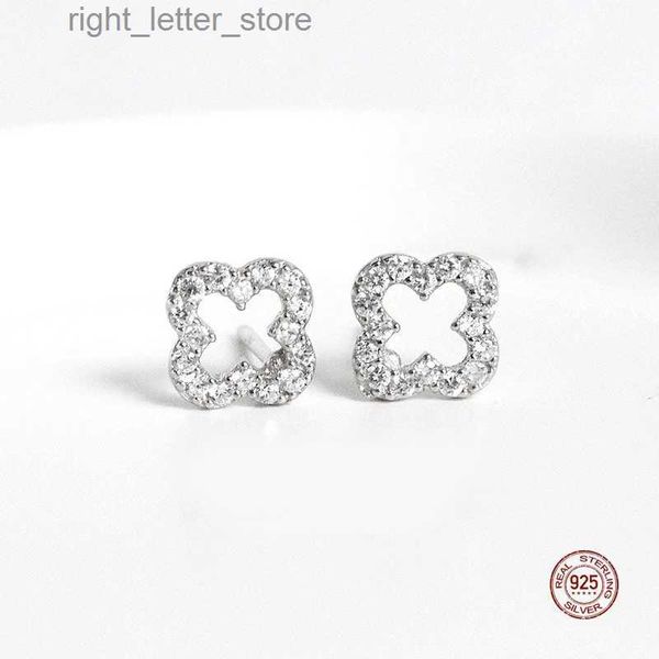 Stud LKO Hot Sale Real S925 Sterling Silver Hollow Clover Ear Studs Brilhando Zircon Brincos De Cristal Para Mulheres Menina Jóias Navio Livre YQ231128