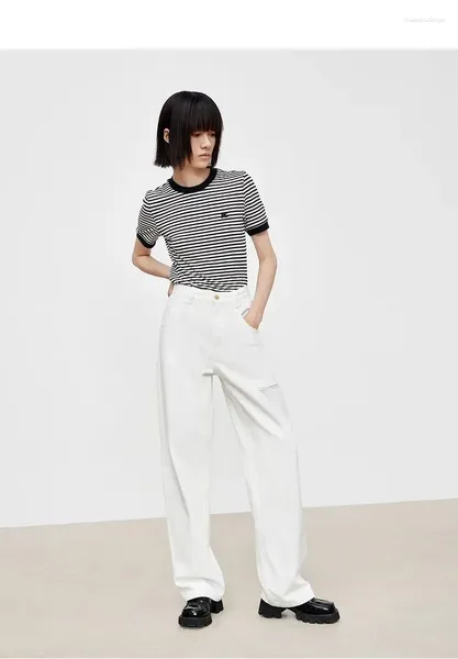 Damen-T-Shirts MC, klassisches Kontrast-T-Shirt mit schwarzen und weißen Streifen, 2023, Buchstaben-Stickerei, Rundhalsausschnitt, lässiges Kurzarm-Top