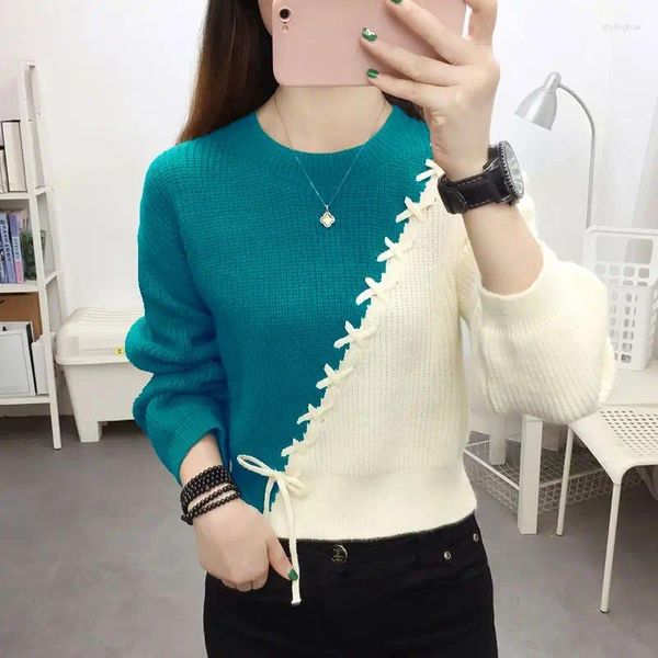 Kadın Sweaters Sonbahar Kış Döteleme Kontrast Örgü Dakulları Uzun Kollu O-Neck Plus Boyut Vintage Sıradan Kadın Giyim