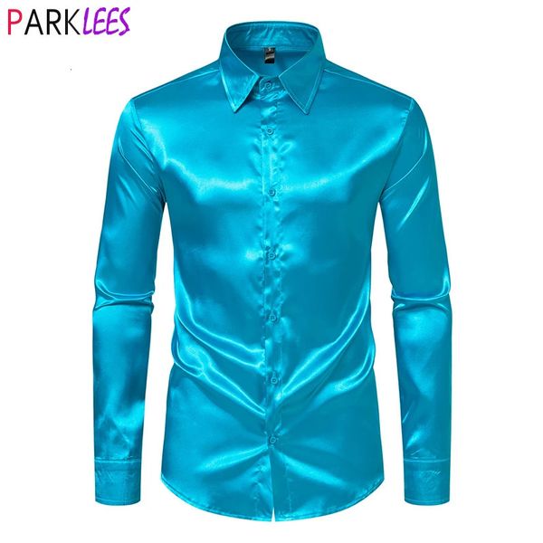 Camisas casuais masculinas luxo brilhante azul seda cetim vestido camisas homens 70s camisa de baile manga longa casual suave smoking camisa chemise homme 231127