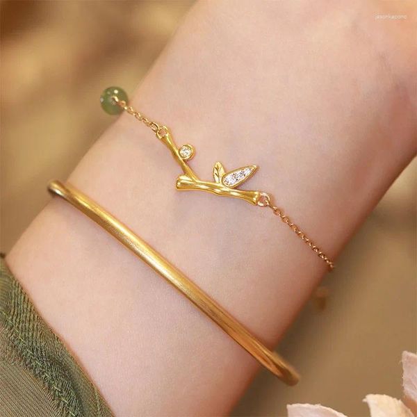 Charme pulseiras cor de ouro imitação jade para mulheres micro-incrustado zircão folha de bambu anime jóias presentes atacado pulseras mujer 2023