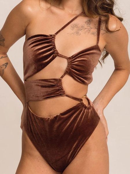 Mulheres de banho de veludo cor sólida ternos de uma peça oco para fora maiô feminino sexy bodysuit halter beachwear cintura alta banho