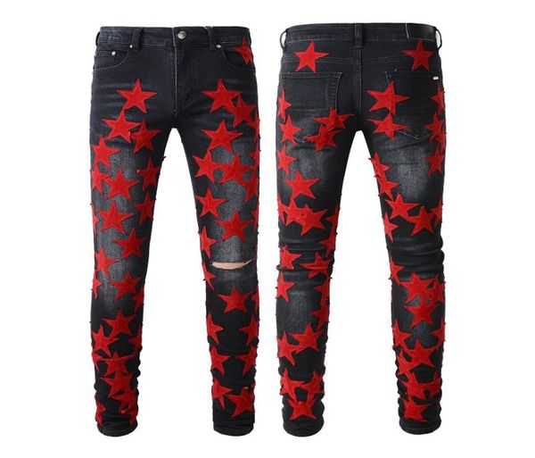 Mens Jeans para rapazes Rip Slim Fit Skinny Man Calças Red Star Patches Vestindo Biker Denim Stretch Cult Stretch Motocicleta Trendy Long6267403