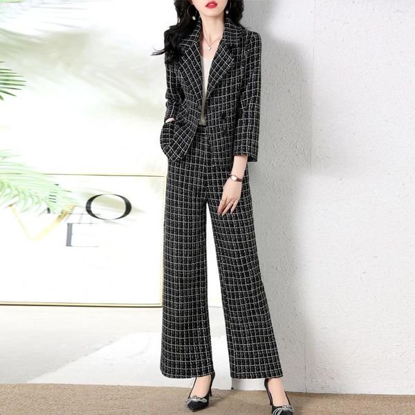 Damen Zweiteilige Hosen Herbst Winter Stücke Wollset Vintage Plaid Kleiner Blazer Mäntel Frauen Casual Büro Lose Weites Bein Gerade Anzüge