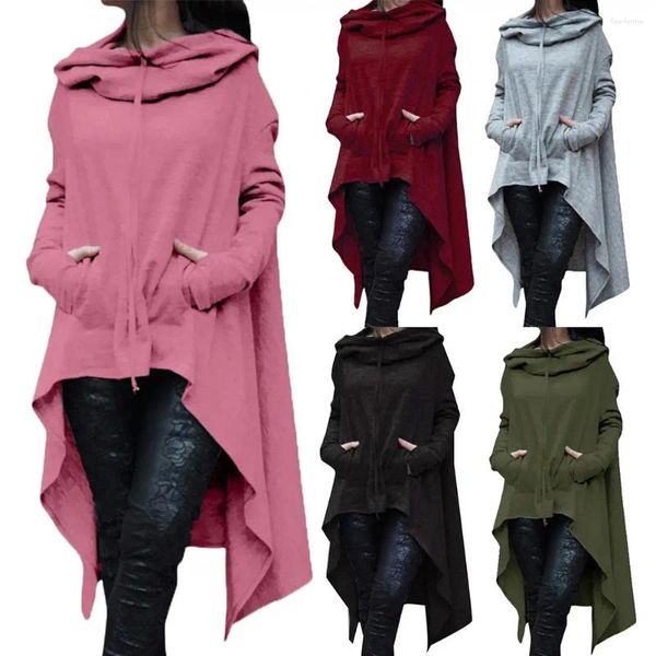 Hoodies femininos 2023 mulheres cor sólida assimétrica hem cordão com capuz moletom solto poncho casaco feminino pulôver